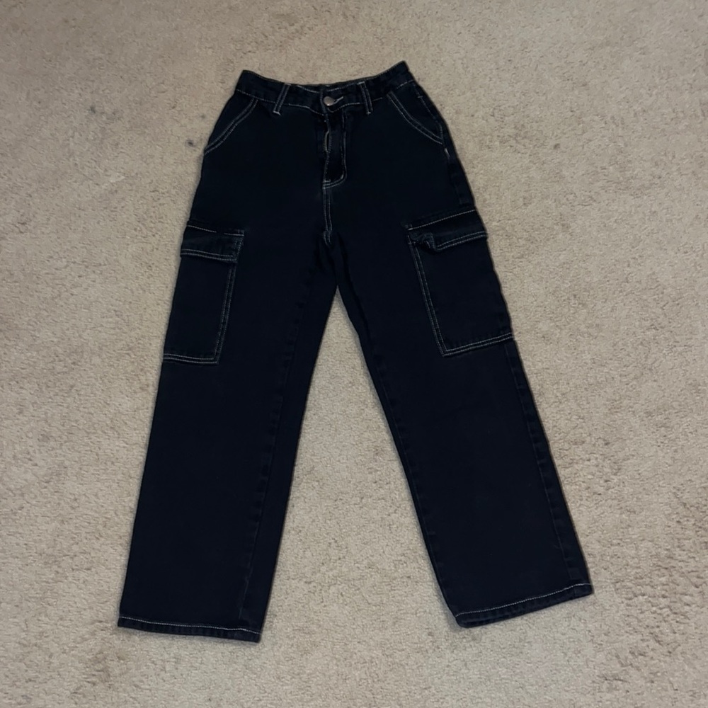 Black cargo pants with white stitching